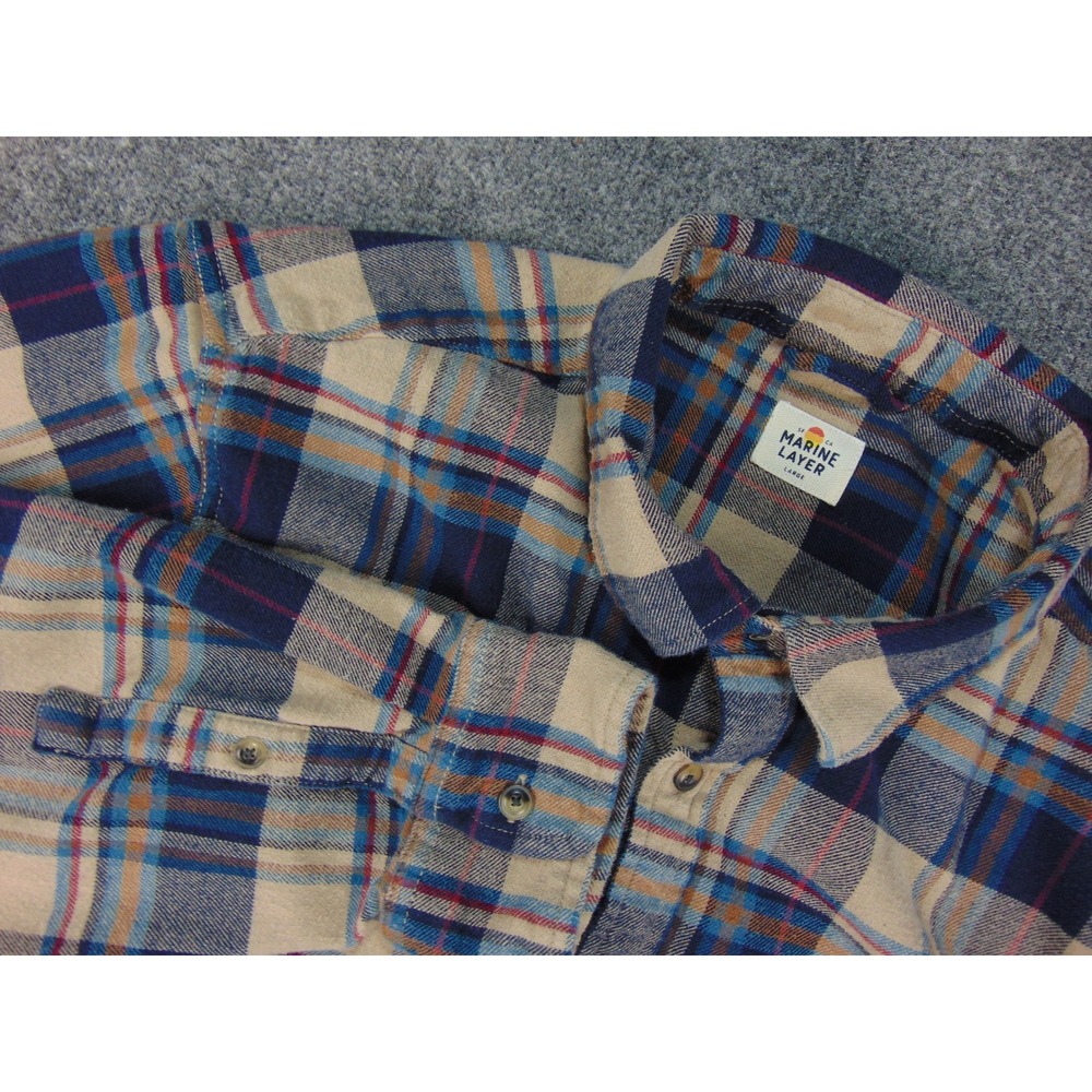 Marine Layer Shirt Mens Large Blue Tan Plaid Flannel Casual Outdoor Cabin Core